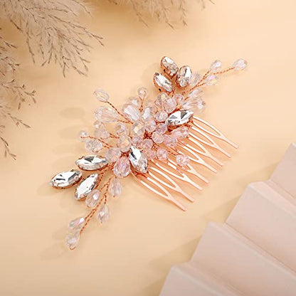 Teyglen Dainty Simple Rhinestone Wedding Hair Comb, Rose Gold - Luxurious Shiny Crystal Bridal Side Hair Pieces, Hair Accessories for Women and Girls - color: Rose Gold