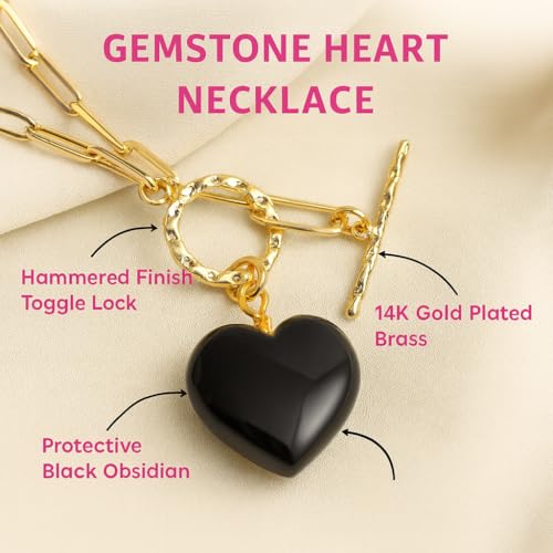 Gempires Gemstone Heart Pendant Necklace for Women, Gold Toggle Birthstone | Handmade gemstone heart pendant necklace — choose from 11 stones and birthstones, gold toggle paperclip chain. - color: Black Obsidian