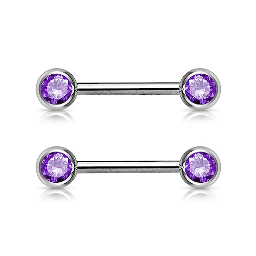 Forbidden Body Jewelry 14g Nipple Ring Barbells Set of 2, Pair of CZ 16mm (5/8 Inch) Barbells with 6mm Balls - color: Purple