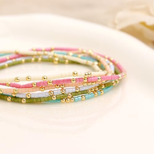 Gold Seed Beaded Bracelets Set for Women, Boho Handmade Friendship Stretch Summer Beach Jewelry Gift. - color: 2001F