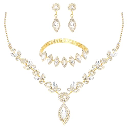 Bridal Jewelry Set for Wedding Prom Jewelry Set for Women Sparkly Rhinestone Necklace Earrings Bracelet Sets for Bride Bridesmaid Quinceanera Costume Accessories - style: E
