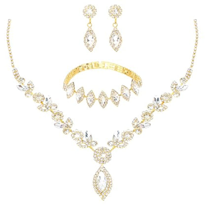 Bridal Jewelry Set for Wedding Prom Jewelry Set for Women Sparkly Rhinestone Necklace Earrings Bracelet Sets for Bride Bridesmaid Quinceanera Costume Accessories - style: E