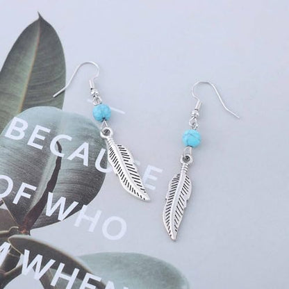 Vintage Turquoise Bead Feather Earrings Silver Feather drop Earrings Turquoise Dangle Hook Earrings Turquoise Feather Earrings Jewelry for Women