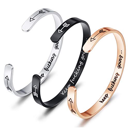 Inspirational Open Bracelet Cuff for Women Men Engraved Keep Fucking Going Bracelet Bangle Stainless Steel Arrow Bracelet Fashion Wristband Jewelry - color: A:Gold/Keep Fucking Going