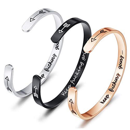 Inspirational Open Bracelet Cuff for Women Men Engraved Keep Fucking Going Bracelet Bangle Stainless Steel Arrow Bracelet Fashion Wristband Jewelry - color: D:Black/Keep Fucking Going