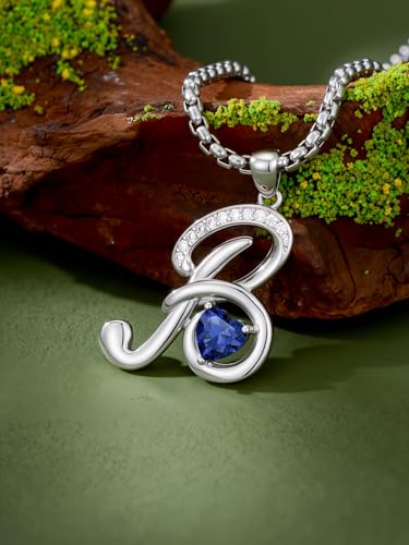 A to Z Initial Birthstone Pendant Necklaces Name Jewelry for Women | 18K White Gold Plated Personalized Alphabet Jewelry Anniversary Christmas Birthday Gifts for Wife Her Daughter Girlfriend - color: B Initial-09-Sept