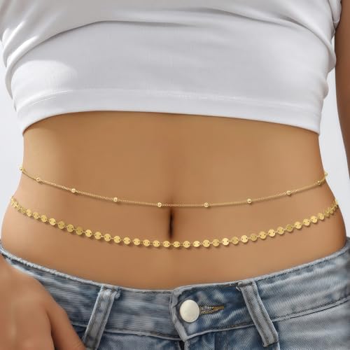 14K Gold Plated Waist Chain for Women, Layered Belly Body Chain | 2Pcs Adjustable Fit, Layered Design, Dainty Chain Styles, Bikini, Dress & Rave Outfits, Beach, Festival & Vacation - color: Gold-Plated 10