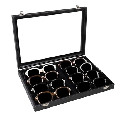 Wudygirl Sunglass organizer Leather Jewelry Tray with Lid 13.7"x9.4" Black | 8 Grid Jewelry Organizer with Velvet Liner, Ideal for Jewelry Storage, Dresser Drawer or Gift, Dustproof Design - style: 8 Grid Jewelry Tray