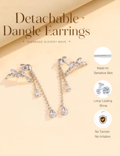Pearl Dangle Stud Earrings for Women, 925 Sterling Silver Post Drop Earring | Trendy Detachable Chain Earrings, CZ Flower Stud Earrings, Hypoallergenic Wedding Statement Jewelry for Brides - color: Silver 2