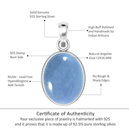 Chunky Natural Gemstone Pendant Necklace For Women Onyx, Turquoise, Amber, Garnet Oval Boho Genuine 925 Sterling Silver Handmade Jewelry - color: Angelite