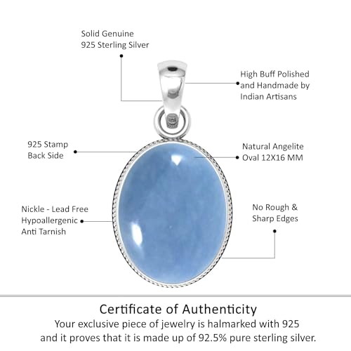 Chunky Natural Gemstone Pendant Necklace For Women Onyx, Turquoise, Amber, Garnet Oval Boho Genuine 925 Sterling Silver Handmade Jewelry - color: Angelite