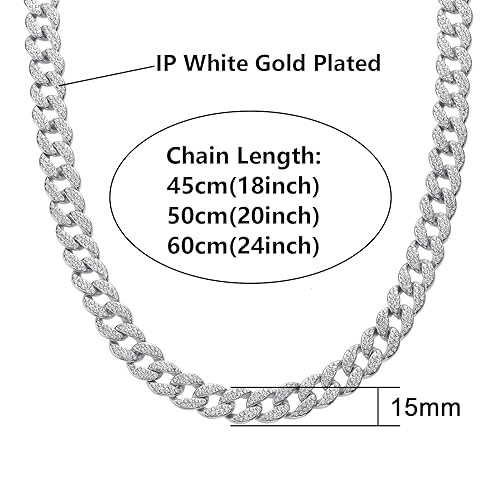 Saintda Iced Out Cuban Link Chain Necklace Bracelet Set for Men | 14mm Cuban Link Necklace Bracelet Jewelry Set Diamond Iced Out Mens Bling Thick Necklaces Chains - color: Silver-W:15MM-THK:3MM, size: 18inch