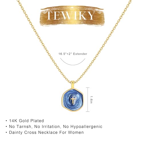 Tewiky Cross Necklace for Women 14k Gold Plated Cross Pendant Necklaces | Cute Necklaces for Women,Jewelry ,Graduation Gift for Her - color: Deep navy blue
