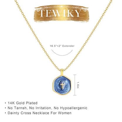 Tewiky Cross Necklace for Women 14k Gold Plated Cross Pendant Necklaces | Cute Necklaces for Women,Jewelry ,Graduation Gift for Her - color: Deep navy blue