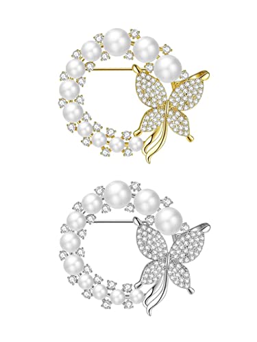 2 Pcs Butterfly Pearl Brooch Pin Wreath Pin Safety Pin Wedding Bridal Brooches Women Crystal Rhinestones Brooch Collar Lapel Pin Badge for Dress Shirts Coat - Gold Silver