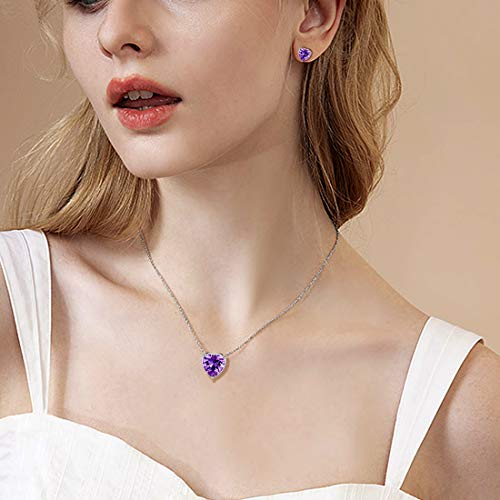 Aurora Tears Hearts Necklace Earrings Jewelry Sets - Women 925 Sterling Silver Birthstone Pendants Earrings Set Crystal Wedding Birthday Jewelry - color: B.February-set