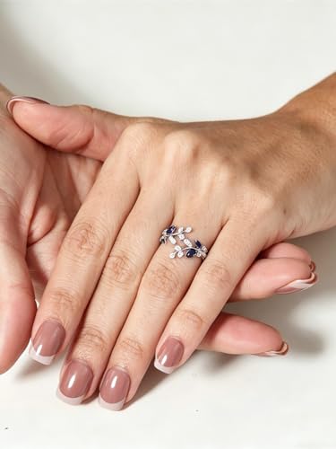 Silver Leaf Ring for Women 925 Sterling Silver Yellow Gold Plated CZ Inlaid Marquise Sapphire/Ruby/Emerald Cocktail Rings Size 6 to 10 - color: Sapphire - Silver