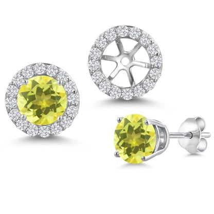 Gem Stone King 14K White Gold 6MM Round Gemstone Birthstone Stud Earrings with Removable Jackets and Lab Grown Diamond Accents | Gold Earrings For Women | Fine Jewelry Gift for Her Mom Women Wife - color: Canary Mystic Topaz