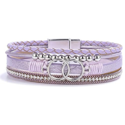 Chunky Boho Leather Wrap Bracelets Cowgirl Beaded Circle Western Jewelry | Stackable Infinity Layered Bohemian Magnetic Clasp Cuff Statement Fashion Colorful Country Hippie Outfits for Women Trendy - color: Purple