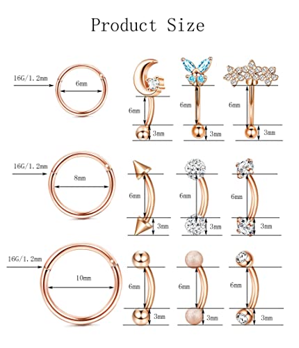 YACHY 11PCS/9PCS 16G Eyebrow Piercing Jewelry for Women Men, Eyebrow Rings Rook Earrings Rook Piercing Jewelry Belly Lip Ring Curved Barbells Eyebrow Piercing Cartilage Daith Helix Tragus Body Piercings - color: N-12Pcs-Rose Gold-6mm