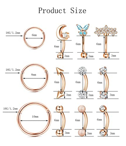 YACHY 11PCS/9PCS 16G Eyebrow Piercing Jewelry for Women Men, Eyebrow Rings Rook Earrings Rook Piercing Jewelry Belly Lip Ring Curved Barbells Eyebrow Piercing Cartilage Daith Helix Tragus Body Piercings - color: N-12Pcs-Rose Gold-6mm