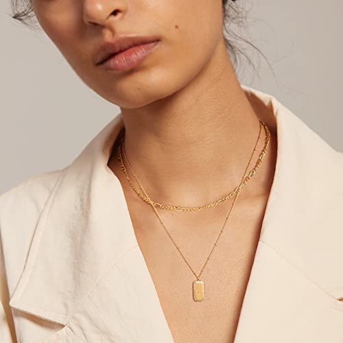 Gold Initial Necklace for Women 14K Gold Plated Figaro Chain Choker Layered Necklaces Set Bar Rectangle Pendant Necklaces Simple Dainty Letter Necklace Everyday Gold Jewelry - style: Letter L
