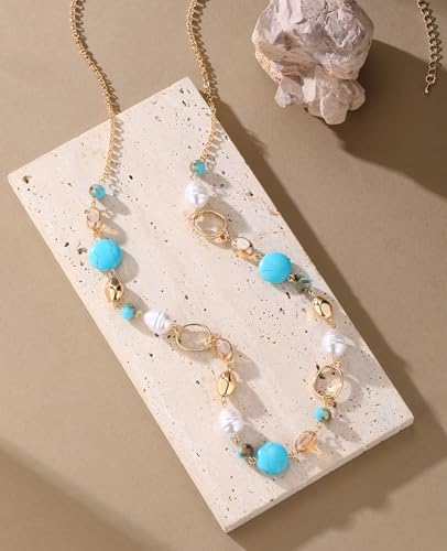 Long Gold Necklaces for Women Trendy Beaded Chain Necklace Chunky Costume Jewelry Gifts for Her - color: Turquoise