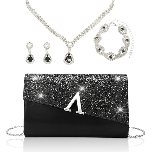 YYW 4 Pieces Women Evening Handbags Clutch Purse Bag with Rhinestone Crystal Jewelry Set for Wedding Party - color: black