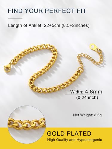 ChainsPro Resizable Anklet Chain for Women Men, Figaro/Wheat/Twist Rope/Cuban Foot Bracelet-Strong with Good Clasp-18K Gold Plated(Send Gift Box) - color: 06:curb-Gold Plated-4.8mm