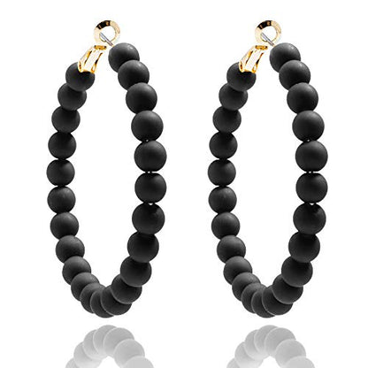 ZENZII Beaded Hoop Earrings Bohemian Circle Round Bead Earrings Chic Dangle Earrings for Women and Girls - color: Black