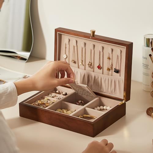 Walnut Wooden Jewelry Box for Women, Magnolia Oil Painting Decor | Small Jewelry Organizer,7 Necklace Hooks, Velvet-Lined, For Watches Rings Earrings Necklace Bracelets, Ideal Gift for Her - style: 1 Layer B