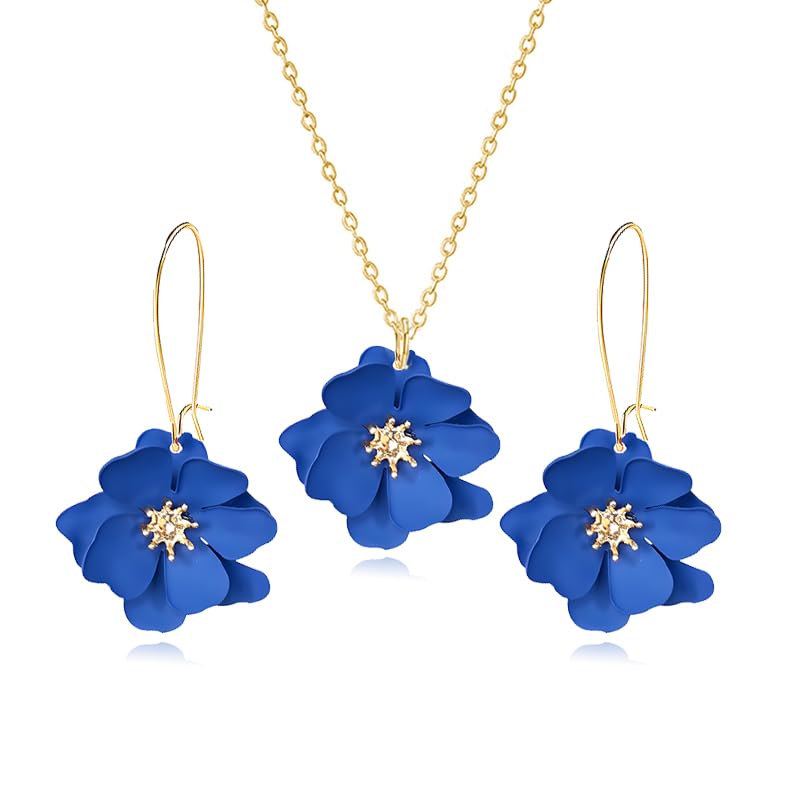 WCRAZYE Bohemian Daisy Flower Earrings Necklace Sets for Women Unique Trendy Boho Matte 3D Gold Flower Floral Petal Statement Earring Wedding Jewelry - color: Blue