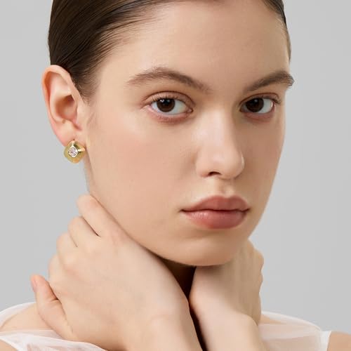 18K Gold Plated Huggie Hoop Earrings for Women, 925 Sterling Silver Post, Hypoallergenic Small Earrings - color: Square Ribbed Crystal Stud Earrings