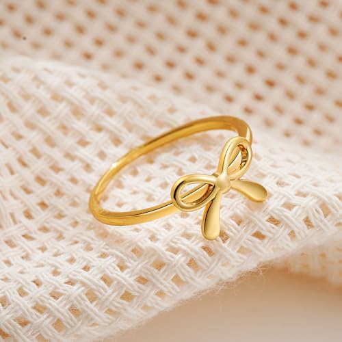 Bow Rings for Women Dainty Bow Tie Band Ring 18K Gold Plated Cute Thin Engagement Knuckle Bow Rings Gold Bowknot Small Stacking Ring Valentines Day Bow Ring for Her Trendy Jewelry - color: Gold 6