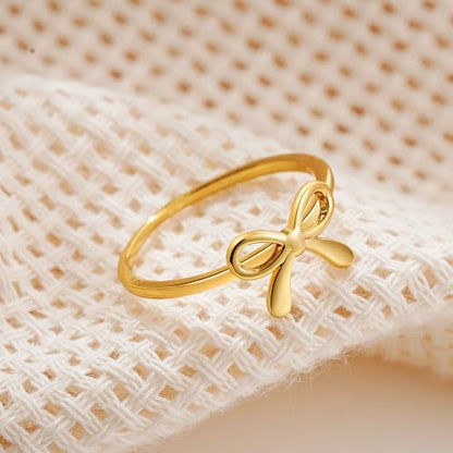 Bow Rings for Women Dainty Bow Tie Band Ring 18K Gold Plated Cute Thin Engagement Knuckle Bow Rings Gold Bowknot Small Stacking Ring Valentines Day Bow Ring for Her Trendy Jewelry - color: Gold 8