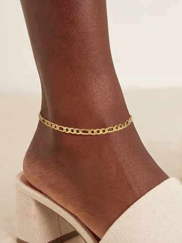 ChainsPro Resizable Anklet Chain for Women Men, Figaro/Wheat/Twist Rope/Cuban Foot Bracelet-Strong with Good Clasp-18K Gold Plated(Send Gift Box) - color: 03:figaro-5mm-gold plated