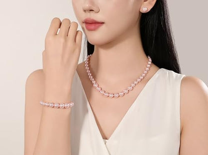 Faux Pearl Jewelry Set for Women, 3 Piece Necklace Bracelet Earrings | Glass Material, Adjustable Comfortable Fit, Party & Prom Accessory - style: Pink 16 inches