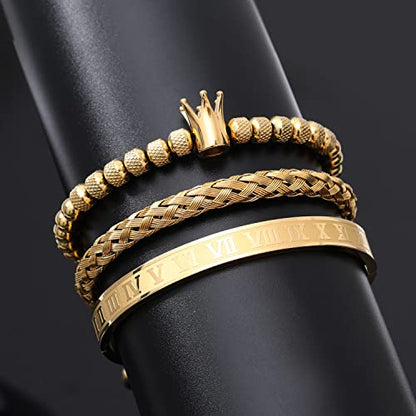 WFYOU 3PCS Stainless Steel Imperial Crown Bracelets for Men Gold Roman Numeral Bangle Bracelet Adjustable Cuff Bracelet Mens Luxury Jewelry Gifts - style: 10:Gold- Crown