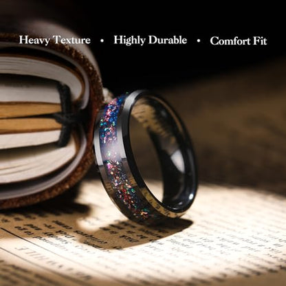King Will Mens Galaxy Tungsten Wedding Band | 6mm/8mm, Beveled Edge, Comfort Fit, Durable, Sandstone Opal Inlay Polished, Everyday Wear - color: Colorful
