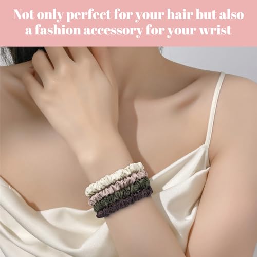 Scrunchies Hair Ties Silk Satin Scrunchy, WantGor Women 4PC Hair Bands | Pure Mulberry Silk Skinny Elastic Scrunchies Bracelets Ponytail Holders Hair Accessories (Beige,Champagne,Coffee,Grey-green) - color: Beige,Champagne,Coffee,Grey-green