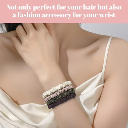Scrunchies Hair Ties Silk Satin Scrunchy, WantGor Women 4PC Hair Bands | Pure Mulberry Silk Skinny Elastic Scrunchies Bracelets Ponytail Holders Hair Accessories (Beige,Champagne,Coffee,Grey-green) - color: Beige,Champagne,Coffee,Grey-green