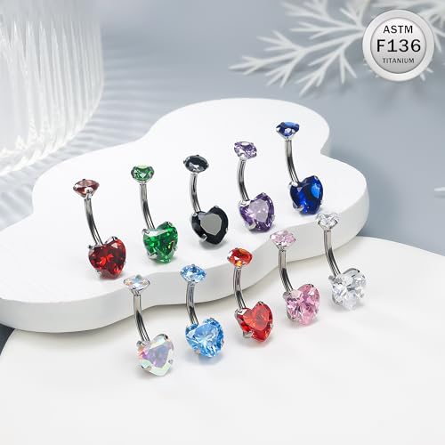 ASTM F136 Titanium Belly Button Rings 14G CZ Heart Belly Navel Rings 10mm Bar Body Piercing Jewelry Navel Ring With 1PCS Curved Piercing Taper - color: Pink CZ