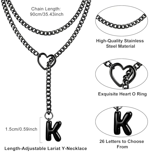 Black Heart Slip Chain Initial Necklaces for Women, Stainless Steel Wrap Choker Necklace, Gothic O-Ring Adjustable Lariat Y Necklaces, Punk Cuban Collar Choker Necklace, Halloween Jewelry Gift - color: Black K