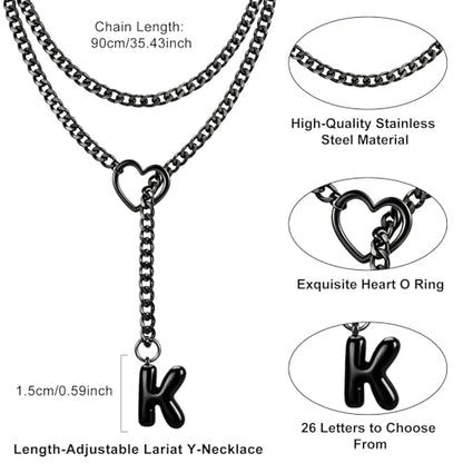 Black Heart Slip Chain Initial Necklaces for Women, Stainless Steel Wrap Choker Necklace, Gothic O-Ring Adjustable Lariat Y Necklaces, Punk Cuban Collar Choker Necklace, Halloween Jewelry Gift - color: Black K