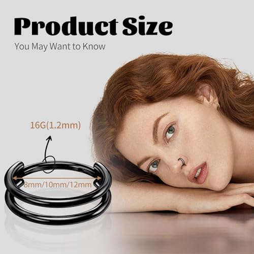 G23 Titanium Conch Piercing Jewelry Hoop: 16G 8mm/10mm/12mm Diamond Cartilage Earring Helix Double Piercing Hoop Septum Rings Hypoallergenic Nose Rings Hinged Segment Clicker Lip Rings Rook Daith Tragus Earrings - color: Black-Double Layers