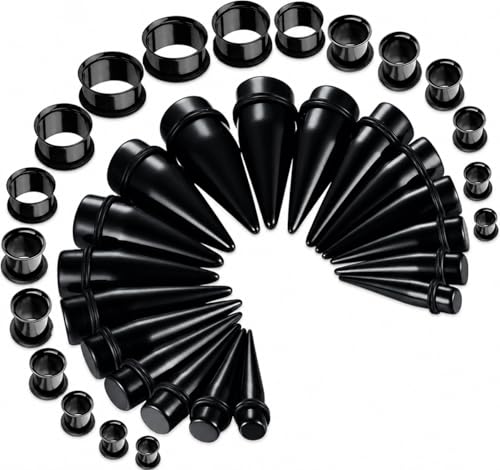 BodyJ4You 36PC Ear Gauge Stretching Kit 00G-25mm - Big Gauges for Ears | Dead Stretching Lobe Plug Expander - Stainless Steel Single Flare Flesh Tunnels - Solid Acrylic Piercing Tapers Men Women - color: Black