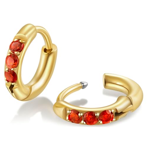 Hypoallergenic Unisex Surgical Steel Small Cubic Zirconia Huggie Hoop Earring, Color Gold - Silver - Rose Gold - Black - Rainbow, Size 6mm- 12mm Safe for Sensitive Ear - style: N06: 6MM - Gold - Red Cubic Zirconia