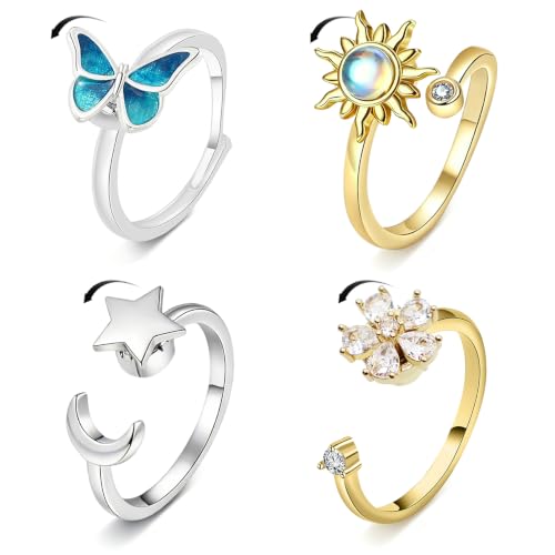 4Pcs Fidget Anxiety Rings for Women, Golden and Silver Adjustable Open Spinner Rings for Anxiety, Stress Relief Rotating Rings with Butterfly Sun Star Flower Designs, Fidget Jewelry for Women