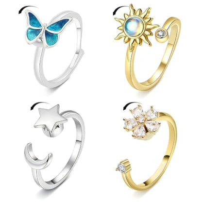 4Pcs Fidget Anxiety Rings for Women, Golden and Silver Adjustable Open Spinner Rings for Anxiety, Stress Relief Rotating Rings with Butterfly Sun Star Flower Designs, Fidget Jewelry for Women