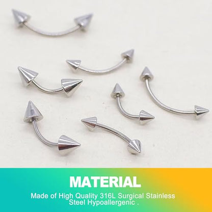 8-Piece Set 16G Eyebrow Rings & Vertical Labret Lip Jewelry, Steel Curved Barbell Piercing Jewelry for Women Men